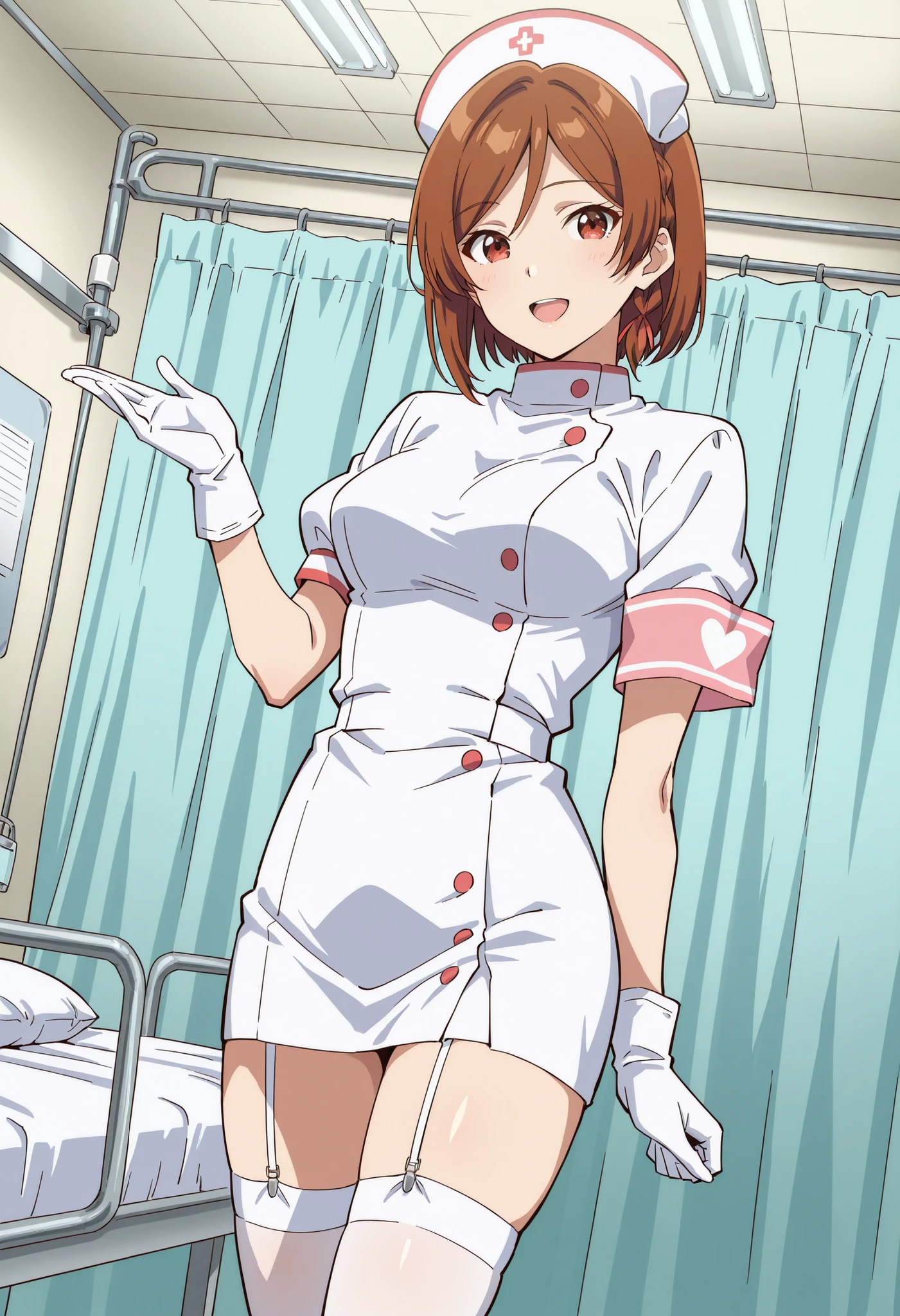 Score_9, score_8_up, score_7_up, source_anime, Sakuraimori Akane, solo, red eyes, brown hair, short hair, medium breasts, (best quality), (high quality), {masterpiece}, extremely delicate and beautiful, ultra-detailed, beautiful detailed eyes, nurse, nurse hat, ((white nurse's outfit)), white gloves, white thighhighs, hospital room, smile, open mouth, standing