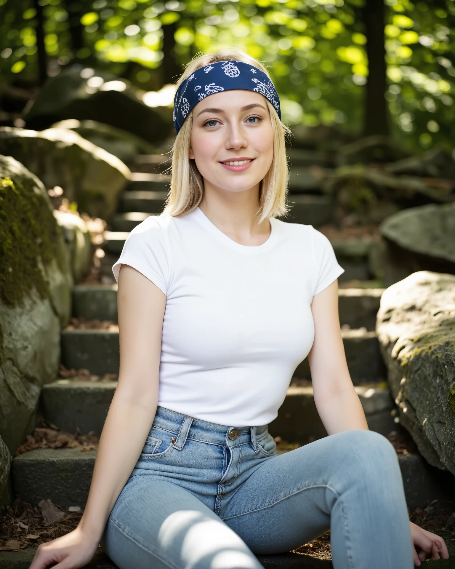 A naturalistic, ultra-realistic image of a young woman with a soft and friendly expression, seated casually on stone steps in a shaded forest setting. She has fair skin, straight blonde hair partially covered by a blue bandana with white paisley prints, and delicate facial features with a warm, relaxed smile. She wears a fitted white t-shirt that accentuates her curves and high-waisted light blue jeans, slightly stretched over her thighs and hips.
The setting is a lush, woodland environment with green foliage, moss-covered rocks, and old stone stairs bathed in soft, filtered daylight. Her hands rest gently on either side, suggesting a moment of calm and serenity. Natural sunlight creates gentle highlights on her face and arms, with soft shadows that enhance the depth and realism of the scene. Photographic composition simulates DSLR lens sharpness, shallow depth of field, subtle color grading, and high-resolution skin texture. Editorial quality, soft-focus background, cinematic yet candid tone, captured in a peaceful outdoor moment.