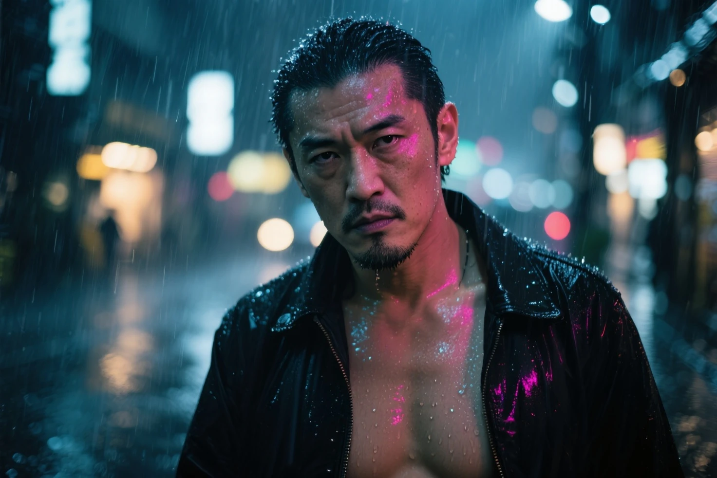 Yakuza homme ,cyberpunk, gang, Wicked Gaze, costume , chemise ouverte , , katana, cigarettes, pluie,nuits, ville, ruelles sombre, Neon , ready front photo , Realistic, désign, 8k, tatouage sur le visage , cicatrices,