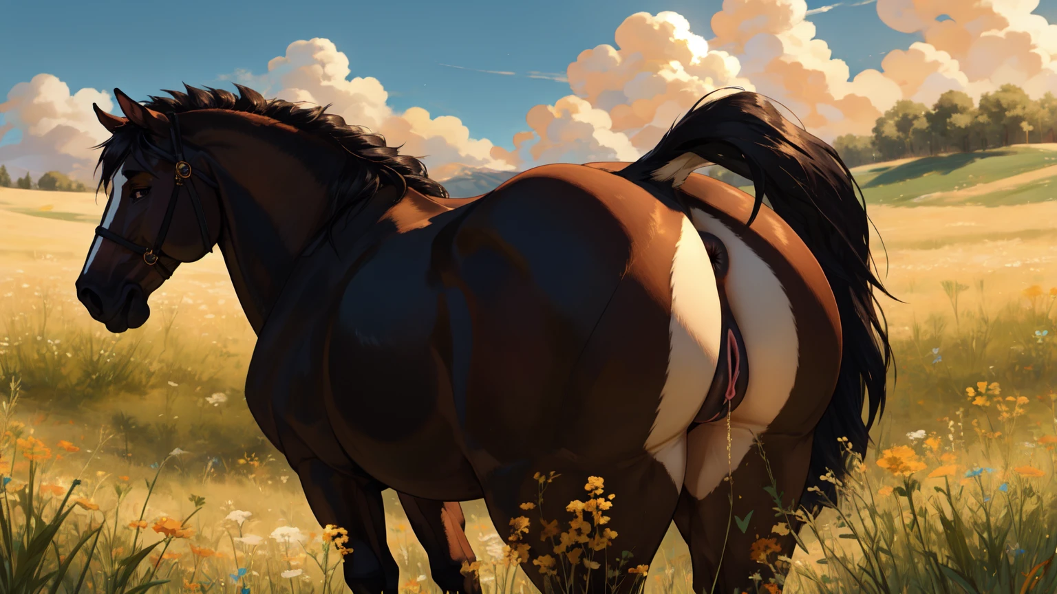 masterpiece, great posing, dynamic lighting, shy dark brown horse boy, long messy black hair that covers head, bluish gray eyes, long black tail, (presenting hind quarters), tight anus, bubble butt focus, orange jacket, crisp, high definition, shocked embarrassed face tiny pupils, bending over, equine penis, wooden deck with cool alpine forest with big lake, by nuzzo, by jay naylor, by zaush,
