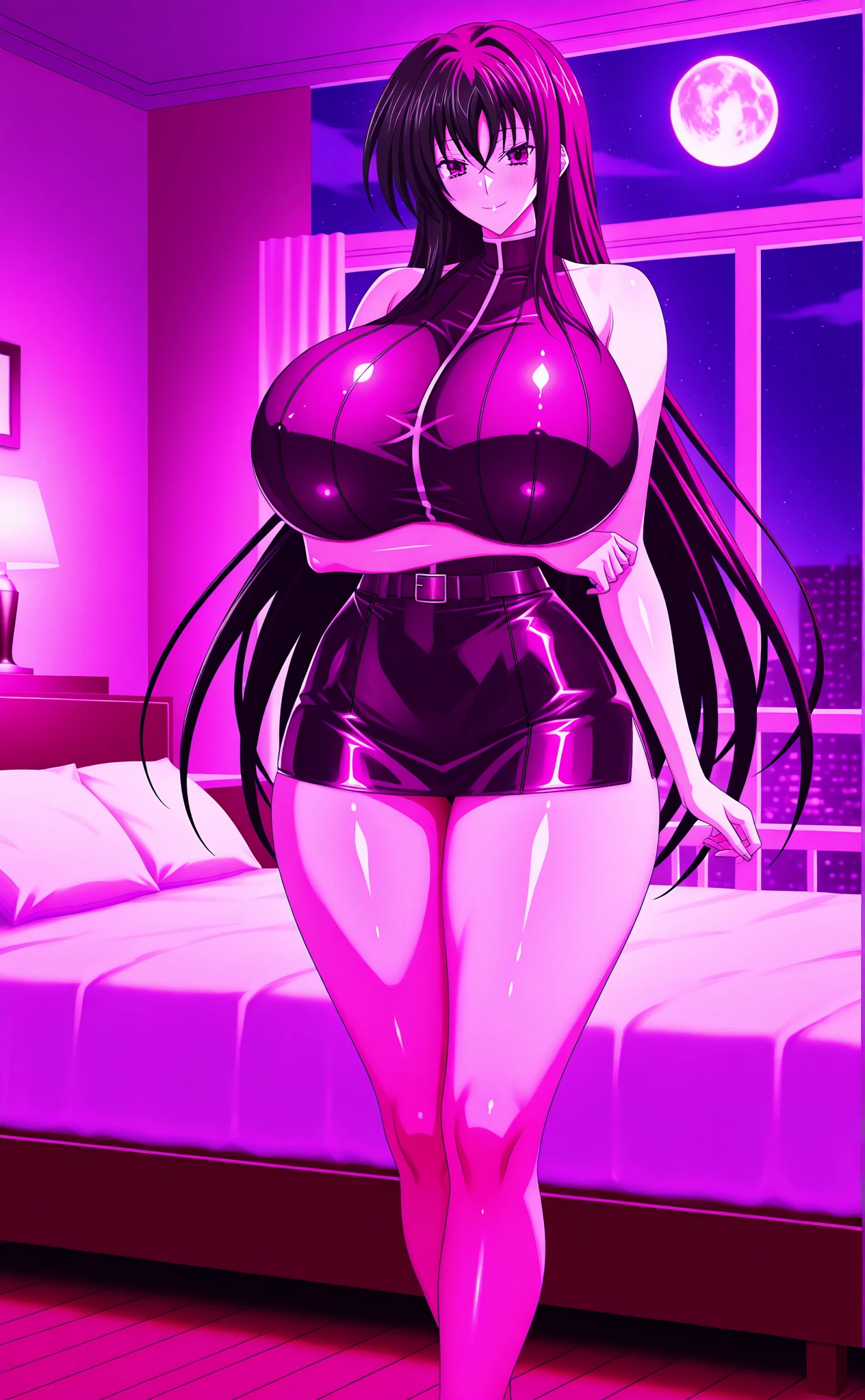 masterpiece, best quality, ultra-detailed, kawaii, cute, lovely, sexy, extremely detailed, 4K, 8K, best quality, beautiful, anime style, evening, a cute girl, 1girl, solo, beautiful eyes, large breast, smugness, blush,corruption,Mayumi Saegusa,(clothed),(leather jacket,naughty expression,denim shorts),groin,(tight suit,Fishnet tights,high heels),m legs