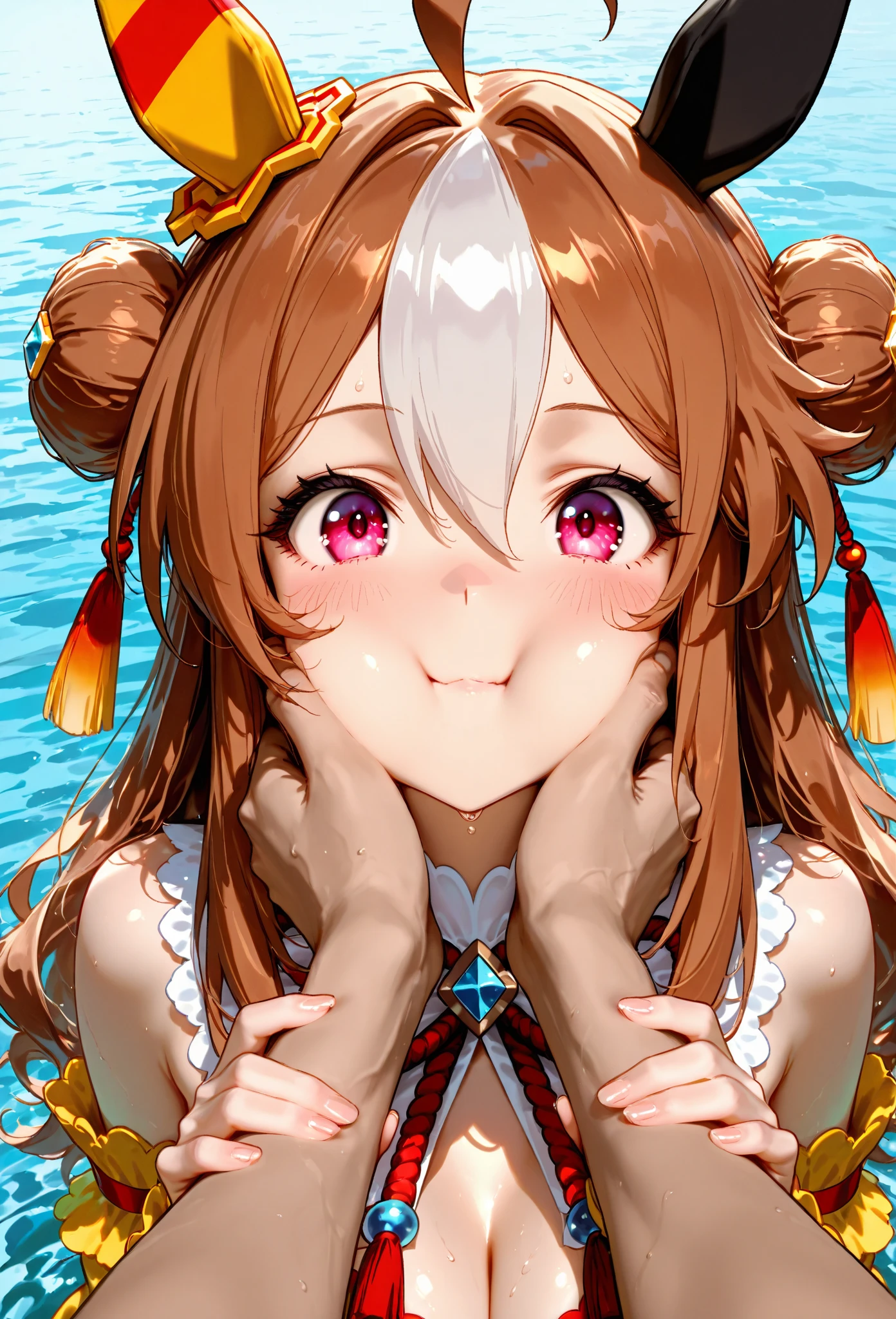copano rickey \(umamusume\), (shy:1.3), (embarrassed:1.4), looking_at_viewer, kneeling , looking up, cumdump, creampie, sea-through nipples, (excessive cum:1.2), (cum on facial:1.6), 1boy, detailed penis, long penis, paizuri, fellatio, deepthroat, detailed lip,paizuri, fellatio
