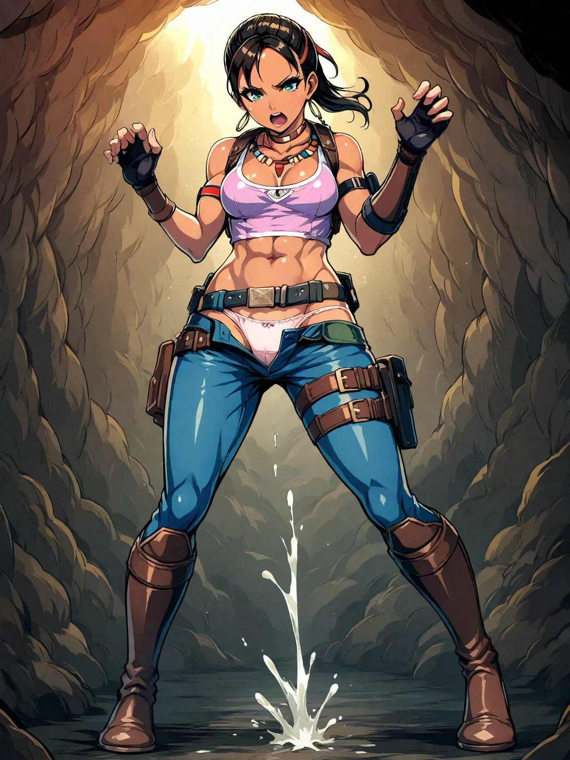 a woman army wet green fitted tank top with Army gloves and leg handgun holster with Army Boots and no Panties no Underpants exposing her pussy and all fours kneeling back under a muddy lake forest, a long black curly ponytail hair and Brown Soft Eyes, lara Croft Nude Exposing pussy, Serious Expression looking somewhere, fantasy ?????? art, NSFW beautiful, Tomb Raider Nude, (aroused, pussy_juice_trail:1.3), Walking, Hiking, Sweaty and dirty skin,