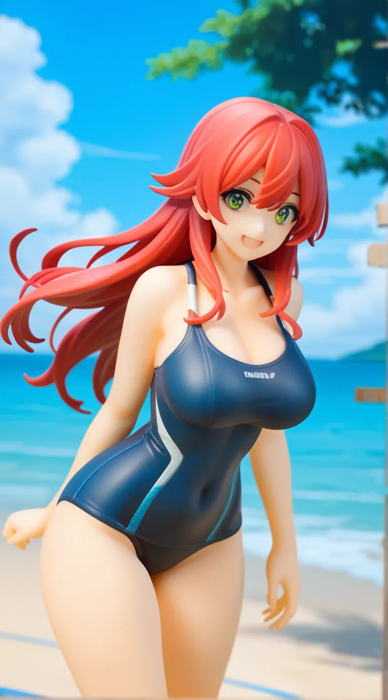 figure of a big breast redhead, sweaty cleavage, blue and white striped mini bikini