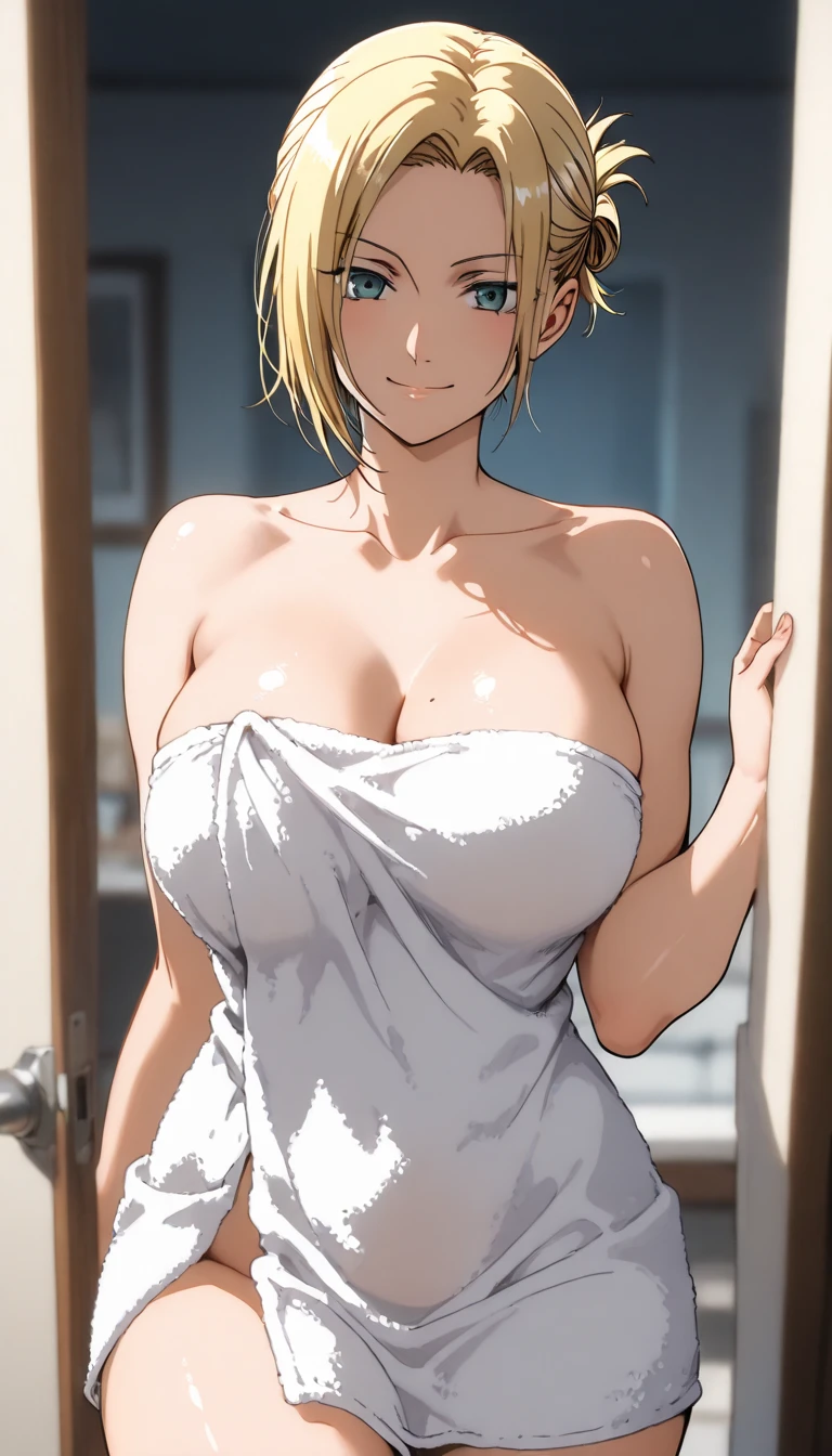 high resolution, extremely detail 8kMasterpiece, high quality, Photorealistic, sharp-focus, highly detailed, Good detail, (8K、best image quality、highest quality、masterpiece)、detailed face、1 girl、scarlet eyes、earrings、pink lip、blush、smile、big breasts、white sweater、sleeveless、black pencil skirt、mini skirt、black pantyhose、cowboy shot、bar background,Kurapika、blonde、bob hair