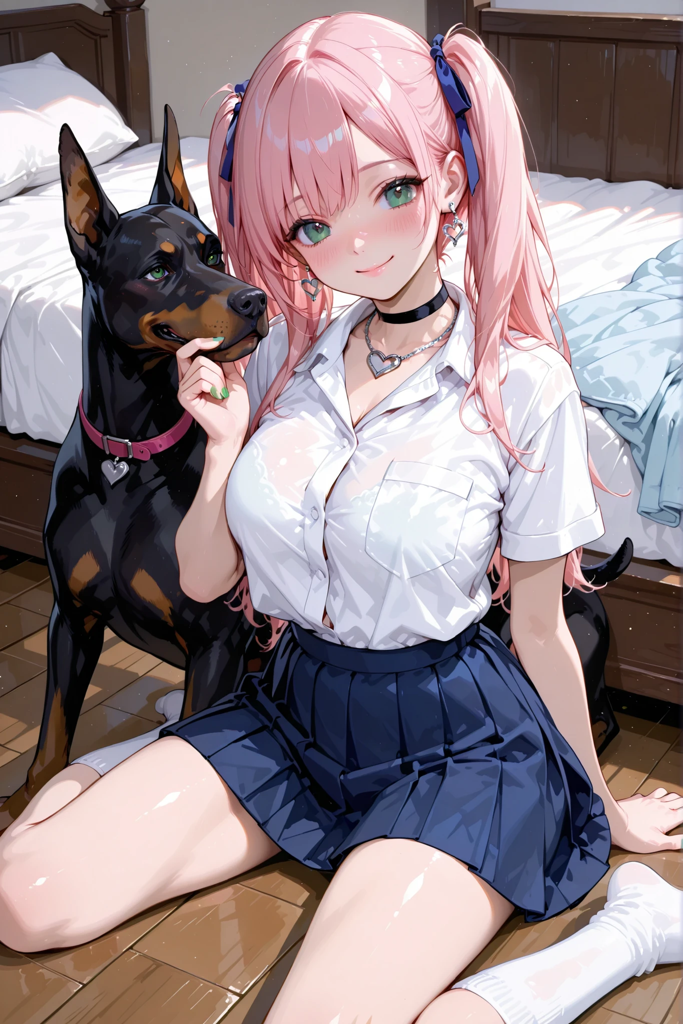 Daytime、Home Bedroom、The bedroom wall is white、 the floor is white 、sitting on the floor、one girl、white short sleeve school shirt with no pattern、nothing blue school ribbon、Nothing Blue School Skirt、black choker with heart pendant、heart shaped silver earrings、without earrings、pink hair、twin tails、Green Eyes、Big Natural Breasts、sexy body 、white loose socks、the girl doesn't have a tail、Blush、Smile Yan、masterpiece、top quality、not fixed:1.5、Fingers are beautiful、nails are beautiful、Nail color is green、one animal、The animal Doberman、The animal Dobermanは床にうつ伏せ、The animal Dobermanは少女の股間を見る、The dog is next to the girl、wave、look here、