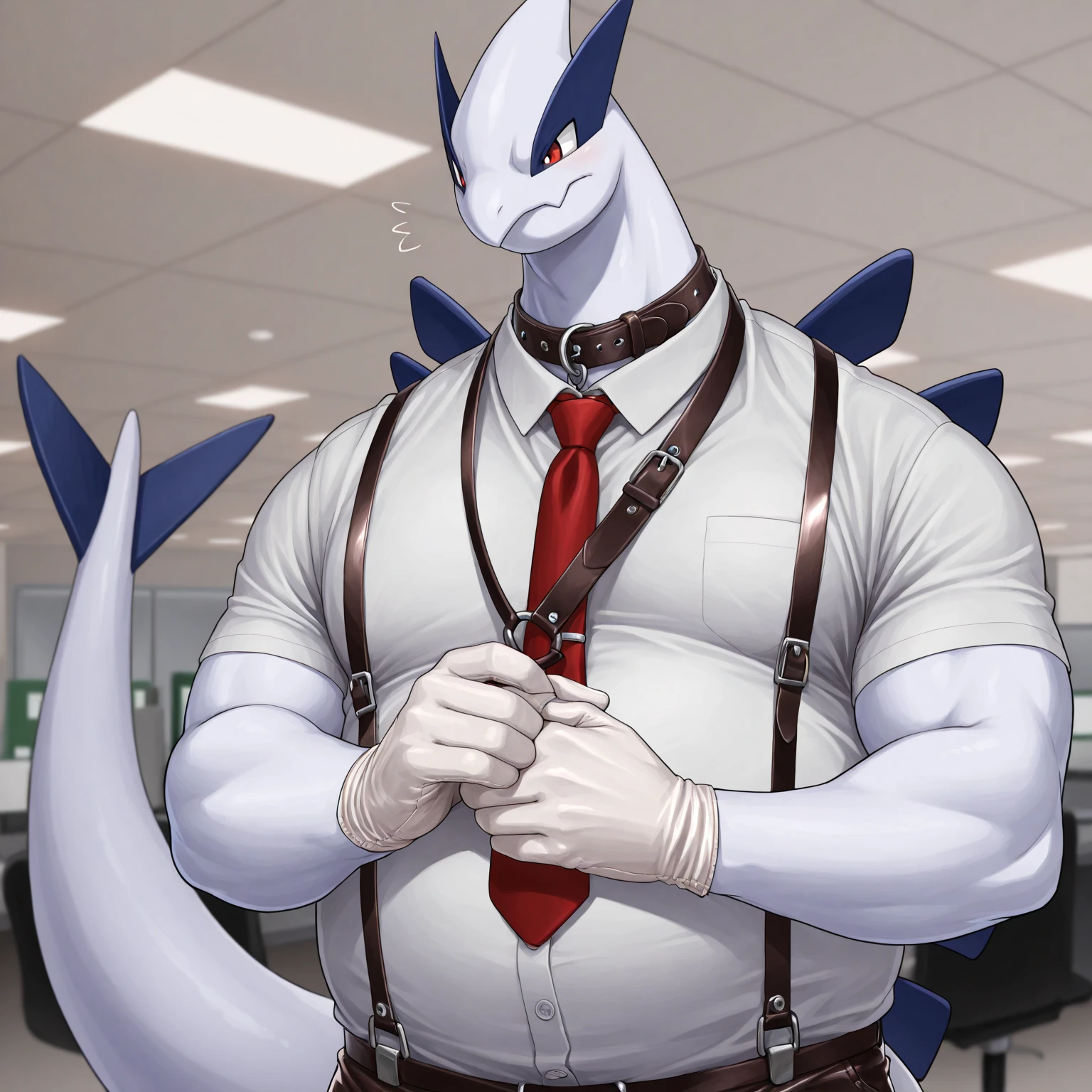 Solo, Male, fat, squatting, extremely obese, gentleman, dapper Lugia, pooping in diaper, blue eyes, (soft shading), 4k, hi res, ((detailed face, detailed)), looking at viewer, evil grin, Airport, TSA, TSA Uniform, collared shirt with buttons, hat, male focus, Police Uniform, glasses, monocle, vest with buttons, sleeves rolled up, round eyewear, headwear, vest, Lugia is wearing a glossy leather dog collar around the neck, Lugia is wearing the leather collar and shirt and vest at the same time, Lugia is wearing glossy white rubber gloves on the hands, wearing white rubber gloves on the feet, gloves are rubber in texture, mouth wide open, evil laugh, clenching fists, leather collar is glossy and shiny with a lot of detail, Lugia is wearing gloves and leather collar at the same time, leather collar has a round dog-tag, leather collar is thick and detailed, white rubber gloves on the feet, Lugia is wearing gloves and leather collar at the same time, leather collar has a round dog-tag, leather collar is thick and detailed, leather collar is glossy and shiny, fancy clothing, dapper vest, dapper shirt, leather collar is thick, glossy leather collar, Lugia is wearing a dirty diaper