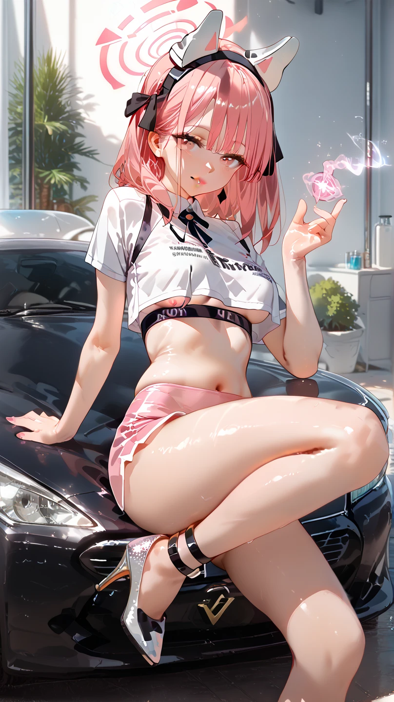 Short haired anime girl with pink hair and white and big breasts leaning on red mini cooper S
