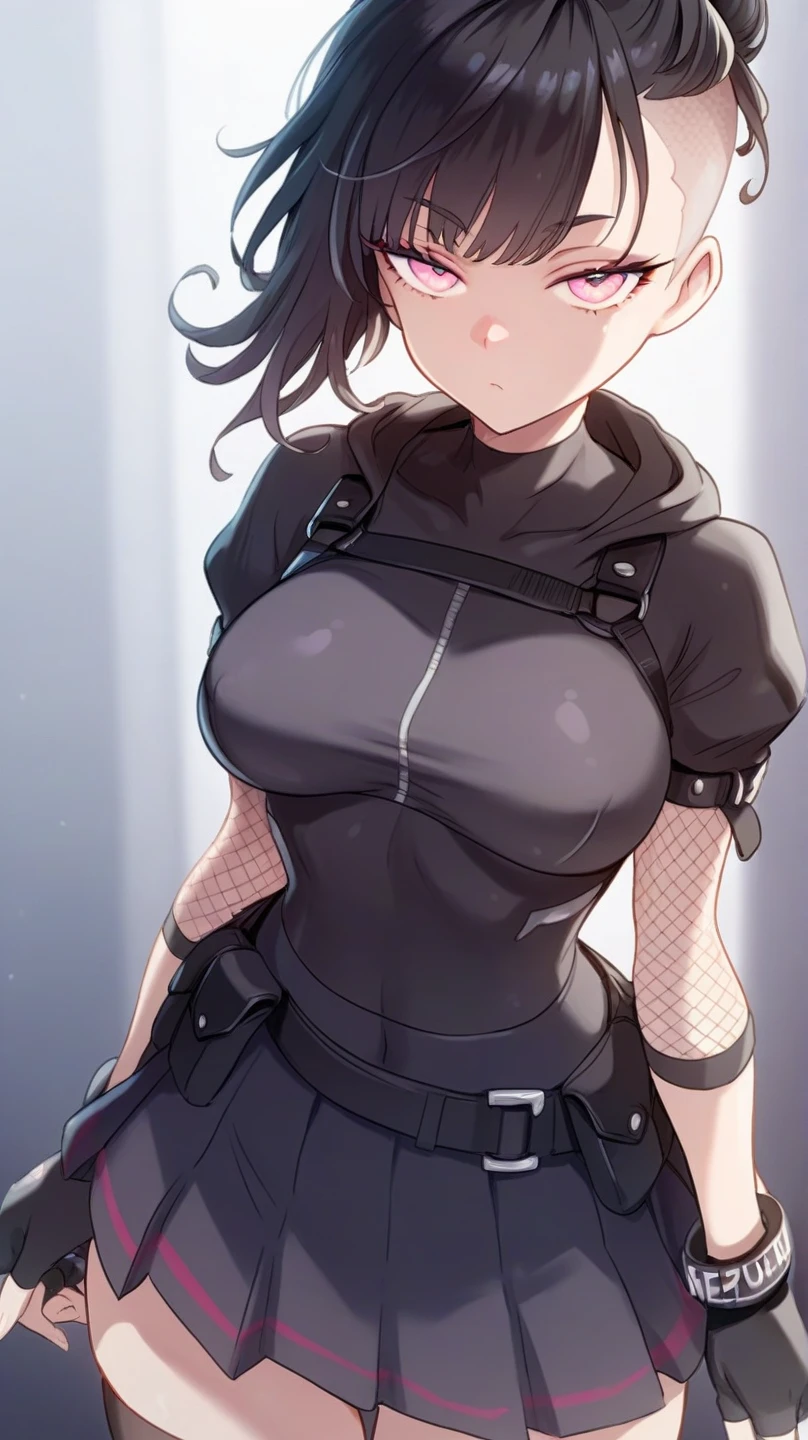 anime girl, hood, large breasts, cleavage, short hair, grey hair, aqua eyes, looking at viewer, female focus, cowboy shot, parking lot, cinematic lighting