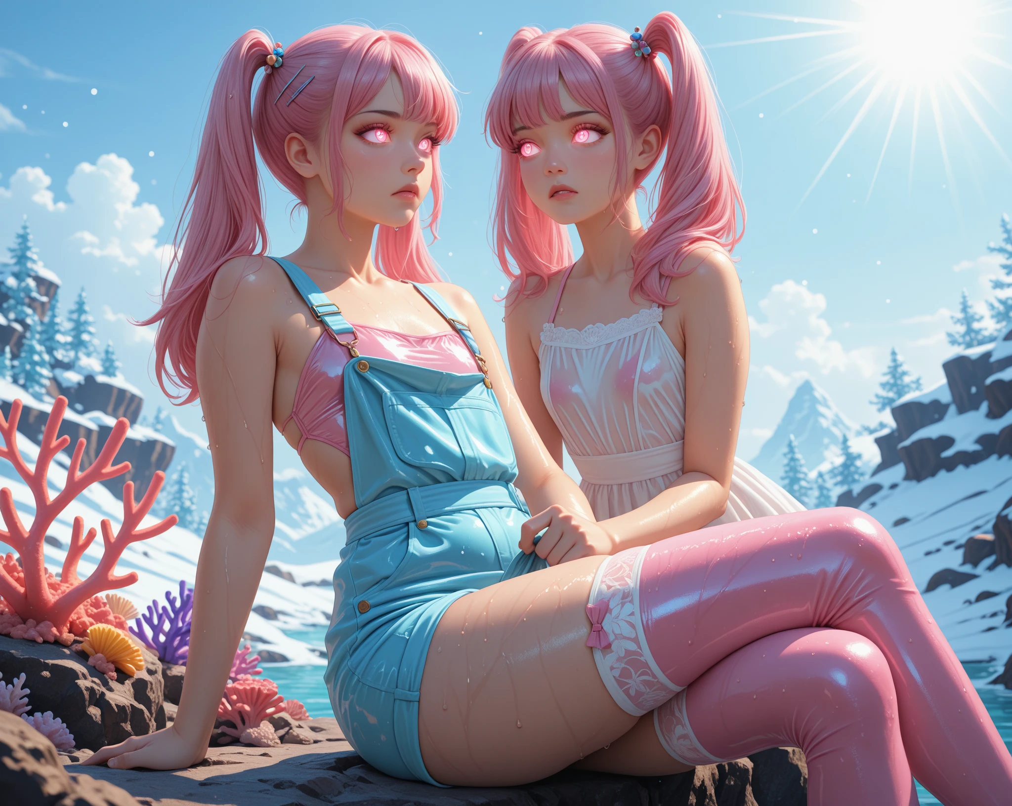 1 girl, solo, (nsfw), cute redhead 18-year-old girl in twin tails, ((perfect female body)) multiple (rainbow colored hair: 1.2), (beautiful detailed blue eyes: 1.6), (photo realistic eyes: 1.6), happy, Ukrainian, (petite body), ((small hips)), pale skin, wearing a ((sheer)) ((see through)) pastel blue (playboy bunny) outfit, frilly edges, frilly, shiny oily pantyhose, post apocalyptic background, bleak barren desert, photo realistic.
