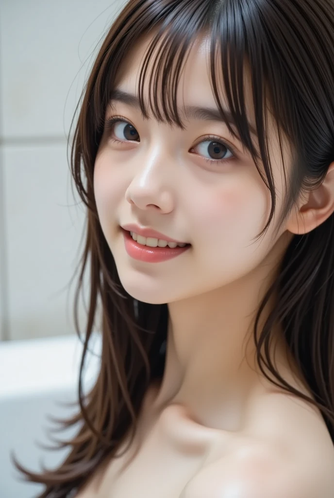 Japanese large open-air bath、((Outdoor))、at night、Beautiful night sky、Naked beauty、(Shoulder-deep in the bathtub、Only the face is visible)、20-year-old、university student、All hair tied back、Holding a kitten、Medium build、Small Bust、Small face、Wooden bathtub、, light brown hair, parted bangs, expressive hair, straight hair, shiny hair, wet hair, parted lips, seductive smile, Surrealism, Expressionism, cinematic lighting, reflection light, first-person view, pov, cowboy shot, f/1.2, Nikon, UHD, anatomically correct, textured skin, high details, high quality, award winning, best quality, highres, 8k