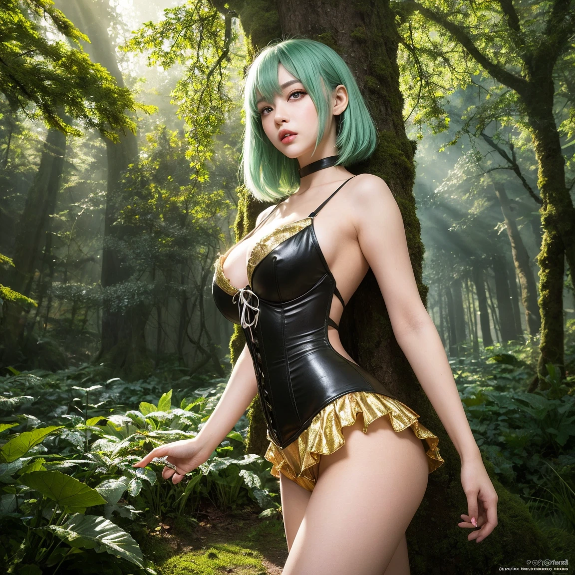 blonde girl, bikini, gravure, open legs, ponytail, forest