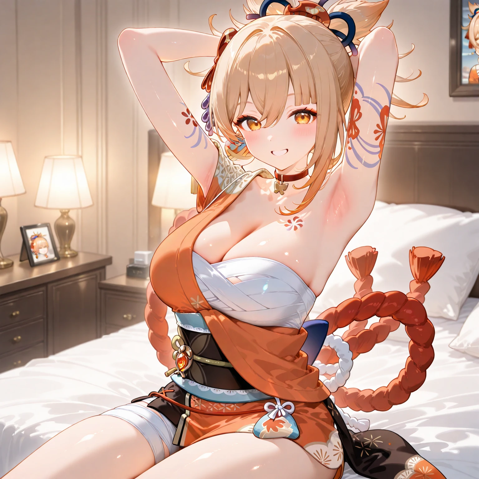 (Masterpiece), Best quality, yeux expressifs, visage parfait,Session W, w assis par terre, bras entre les jambes, les deux bras entre les jambes, anime character,Impact de Genshin,femme,,grosse poitrine, bonne poitrine,mains entre les jambes, H-cup, yoimiya_genshin