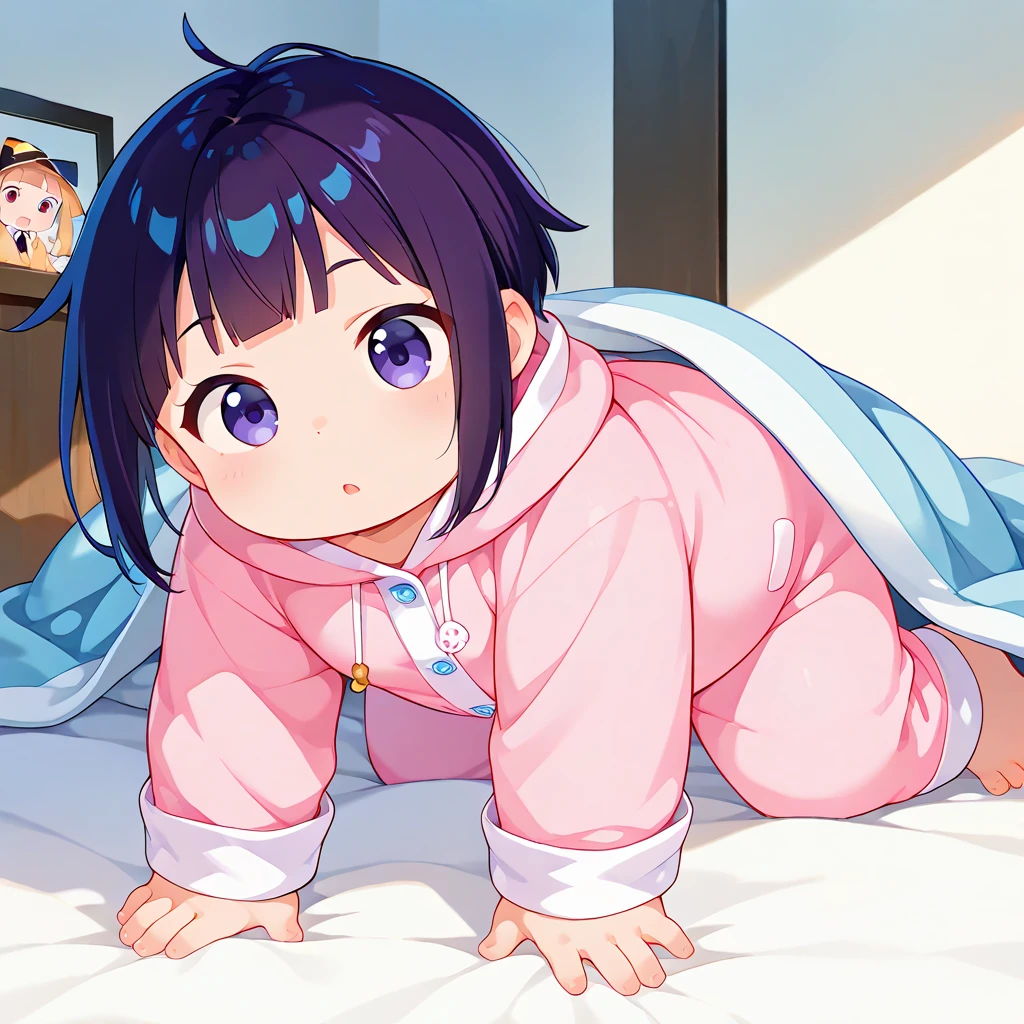 ((Woman in Pajamas)), Short black hair, ((On all fours:1.3)), Light pink pajamas, (Big Breasts), (Accentuate your buttocks:1.0), Exposed cleavage, Beautiful breasts, rounded buttocks, Beautiful ass, Beautiful thighs, cute, Embarrassed expression, 16 years old, ((masterpiece), highest quality, 8K, Anatomically correct)