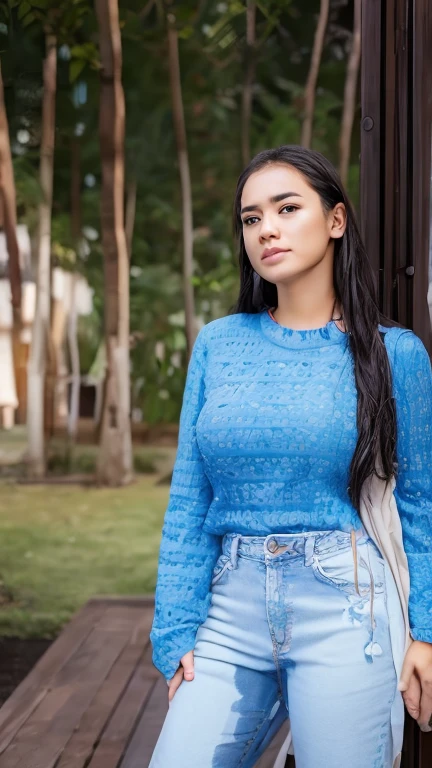 beautiful detailed, cute face, short, mexican teen, medium black hair, black hair over one eye, glasses, long-sleeved tucked in v neck T-shirt, long pants, solo, voluptuous breasts, full body photo.