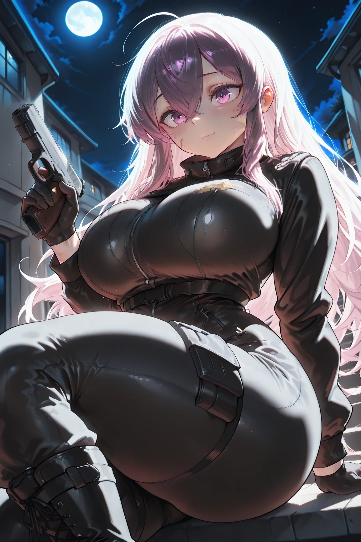 anime illustration、Highest image quality、cyber punk、plump female monster、chainsaw man、body armor、perfect proportions、Catch light in the eyes、Ahoge、Overwhelmingly big breasts beyond the norm、thick legs、Cheerful smile