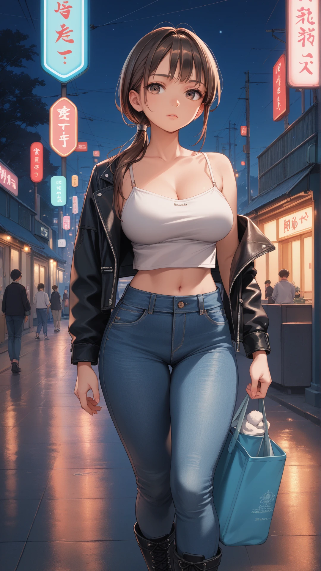 Black crop top, ripped jeans, street background