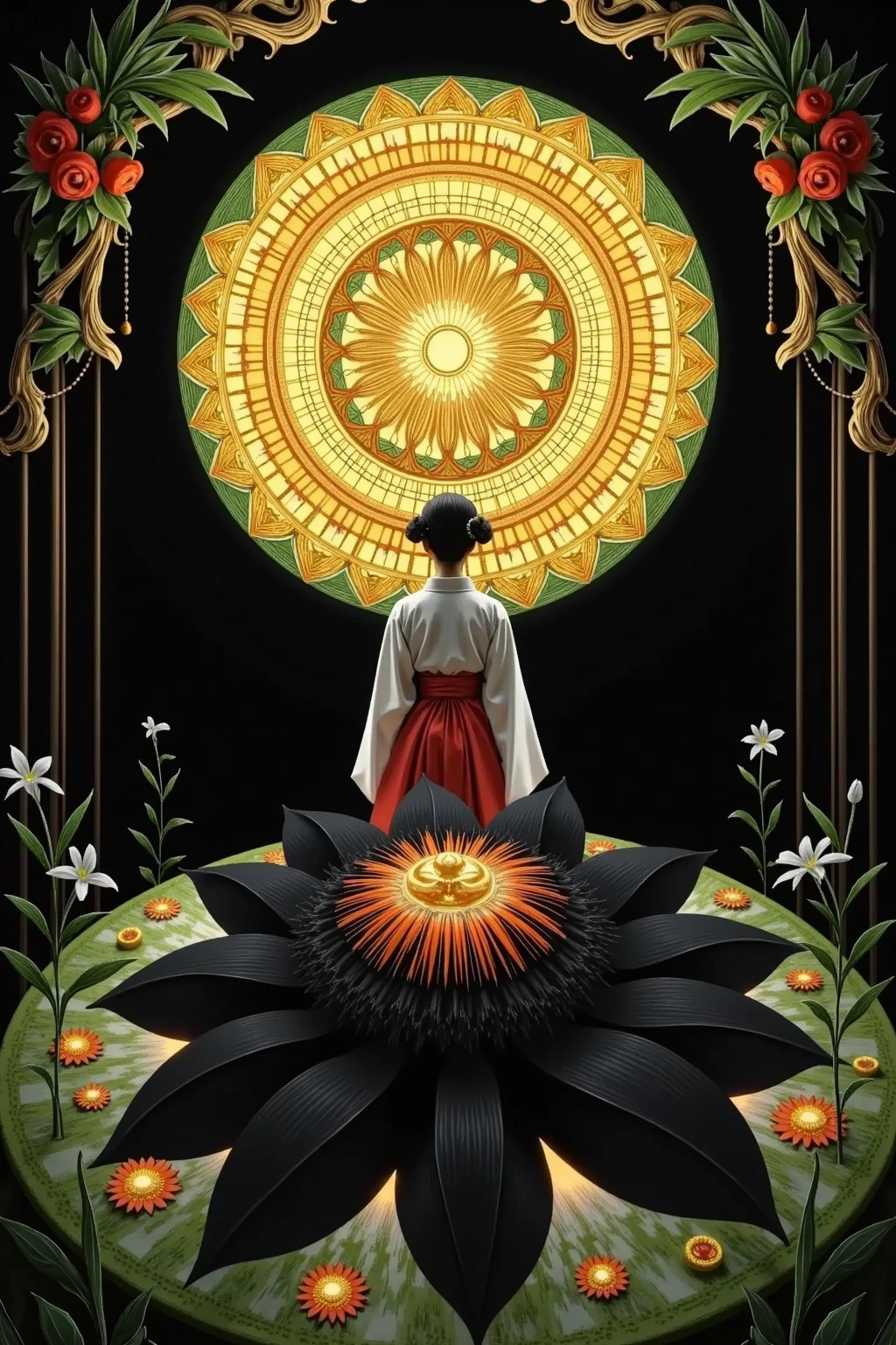 scene where a woman wearing a shrine maiden costume stands in front of a super giant mandala。mandala is huge in size, taking up more than half of the screen, and、green、red、geometric patterns composed of yellow are drawn in detail。greenとオレンジ色の葉の装飾が外縁を飾る。Figures that emerge brightly against a black background、A very big black flower at your feet々 is blooming in the full view。Exquisite Details、4K high definition、realistic texture、Professional Techniques、Expression of Delicate Skin、vivid colors、bokeh light effect、A Japanese Portrait with an Esoteric Atmosphere。surrealism、Symbolic Art 、top quality、High Definition、masterpiece、super definition、absurd。