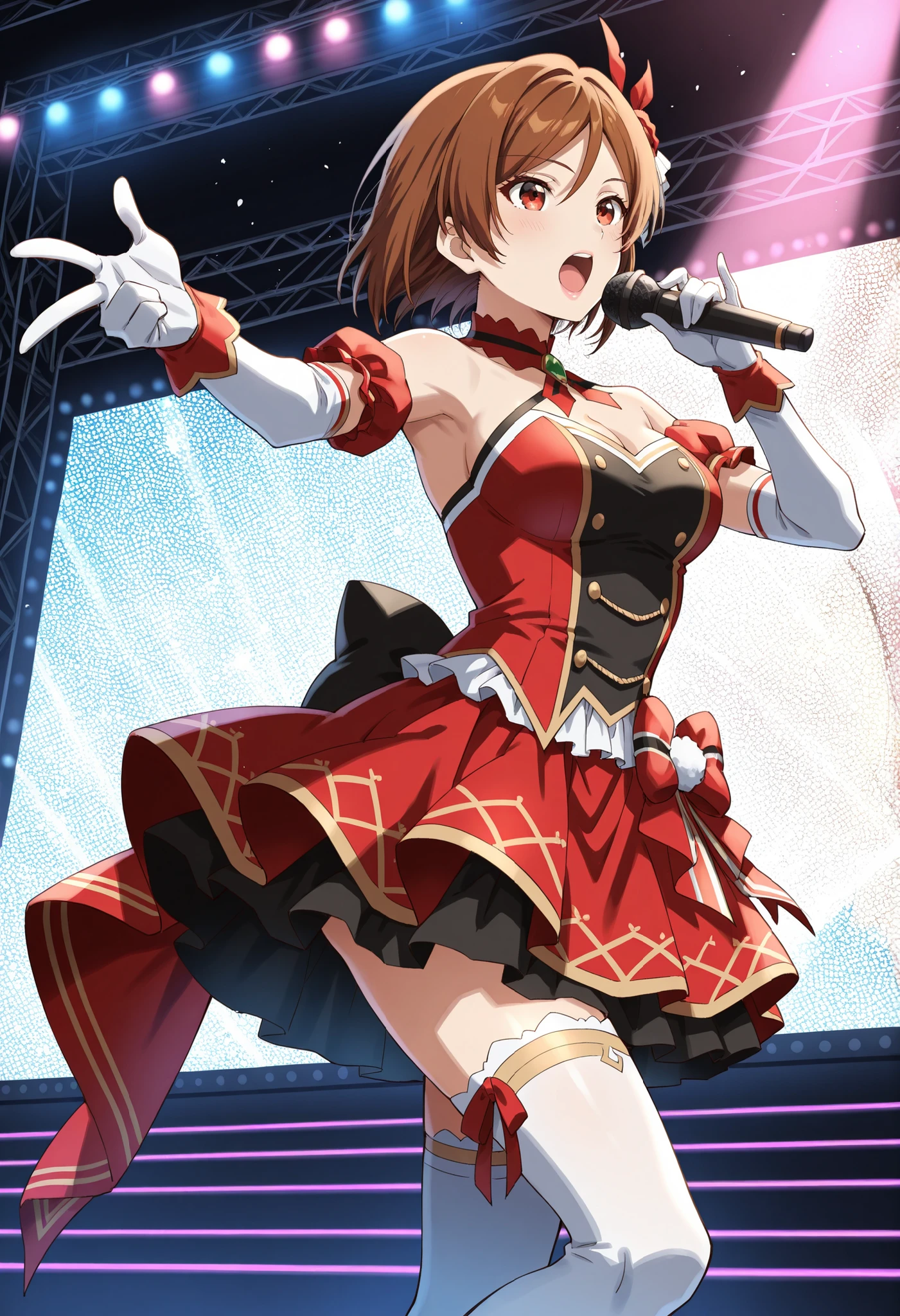 Score_9, score_8_up, score_7_up, source_anime, Sakuraimori Akane, solo, red eyes, brown hair, short hair, medium breasts, (best quality), (high quality), {masterpiece}, extremely delicate and beautiful, ultra-detailed, beautiful detailed eyes, idol, idol costume, red dress, white elbow gloves, white thighhighs, holding microphone, on stage, screen, multi colored light, dynamic pose, singing, pink lips, open mouth