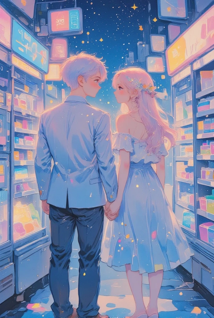 best quality, extremely detailed CG, HD, crisp quality, sharp focus, rich contrast, inside a convenience store late at night with the lights on, we see the backs of a couple looking at the shelves, holding hands and enjoying their time together, the color of happiness, various iridescent foggy glitter effect magic, (super detail, enhance, boost) effects, professional lighting effect magic