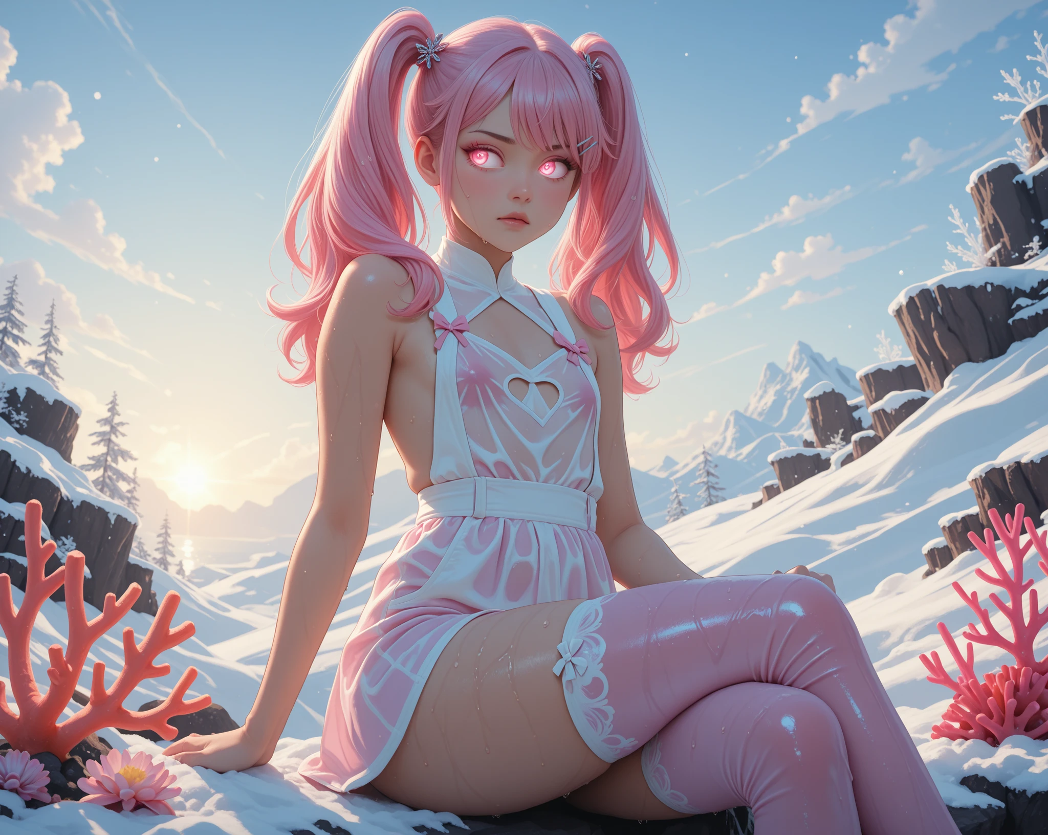 A beautiful highly detailed a plump solo girl with pastel pink hair twintails and glowing eyes eyes crossed legs, her detailed face showing a determined expression as she looking away, in a snowy landscape. She wears a coral backless top with clothing cutout and coral stockings, highlighting her wet clothing, flat chest, plush waist, and supple thighs. Her hands and arms are hand pulling down straps, , wearing makeup, and adorned with hairpin. The scene is lit with sidelighting.. Overall, it's an absolute world-class masterpiece anime-inspired artwork. It's an aesthetically pleasing anime art with impeccable attention to detail and beautiful composition.