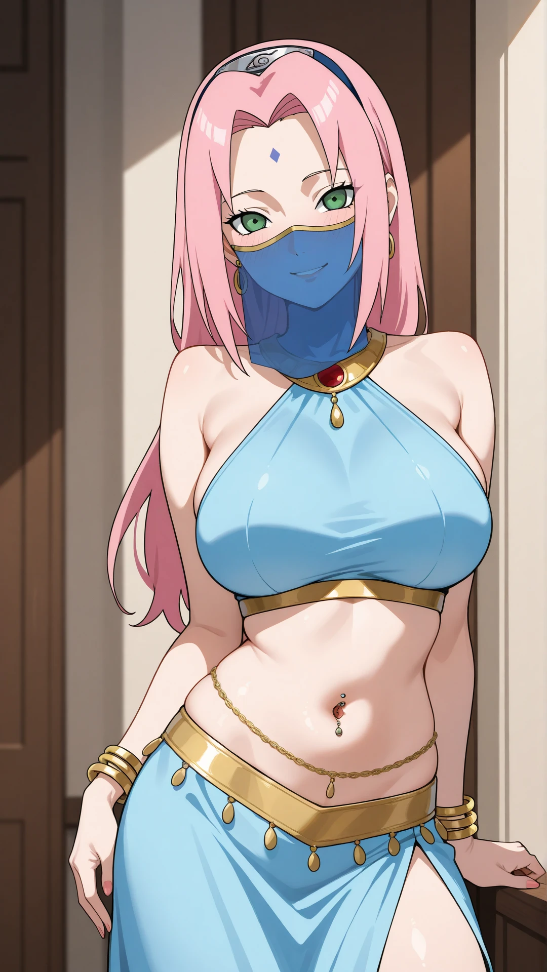 She has long blonde hair that cascades down her back.Piercing blue eyes. Her outfit is delicate, Thin chains and jewelry that barely cover the body. Mouth veil , Her neck is adorned with exquisite jewels., arms, Waist. Wicked Smile, Subordinate, Large Breasts, Egyptian style clothing, Full Body Shot, Purple clothes, Belly dancer costume(pink hair, twin tails twin drill, show your forehead, blue eyes, White frilled white headband, slanted eyes, smile, long sideburns, curled bangs, neck ribbon, Forehead, amount),
