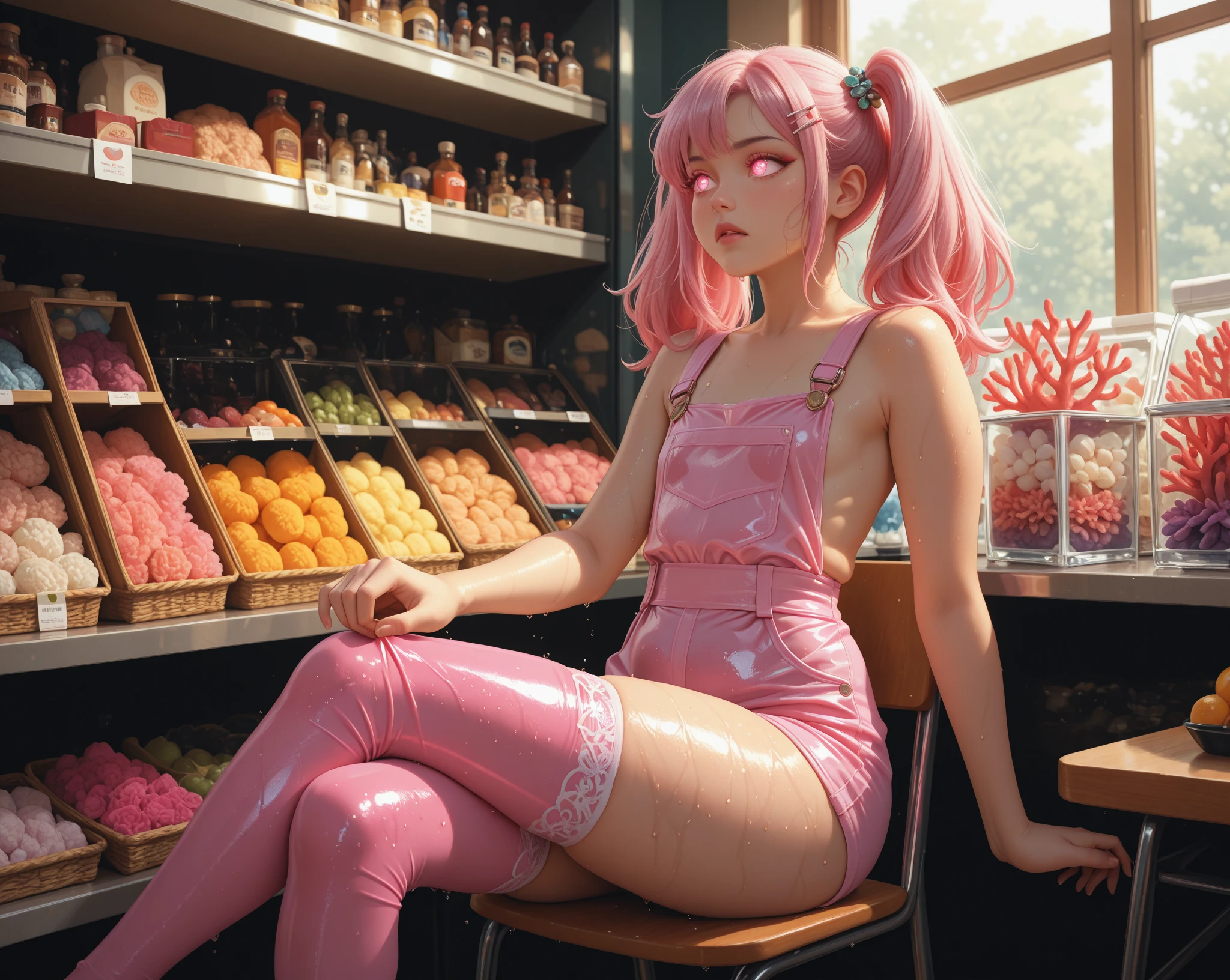 Lewd woman, big boobs, pink hair in a bun, black lipstick, White sheer bikini top, white pantyhose,  skinny , leggy, tall,  small boobs, squatting with legs spread,  in a grocery store.