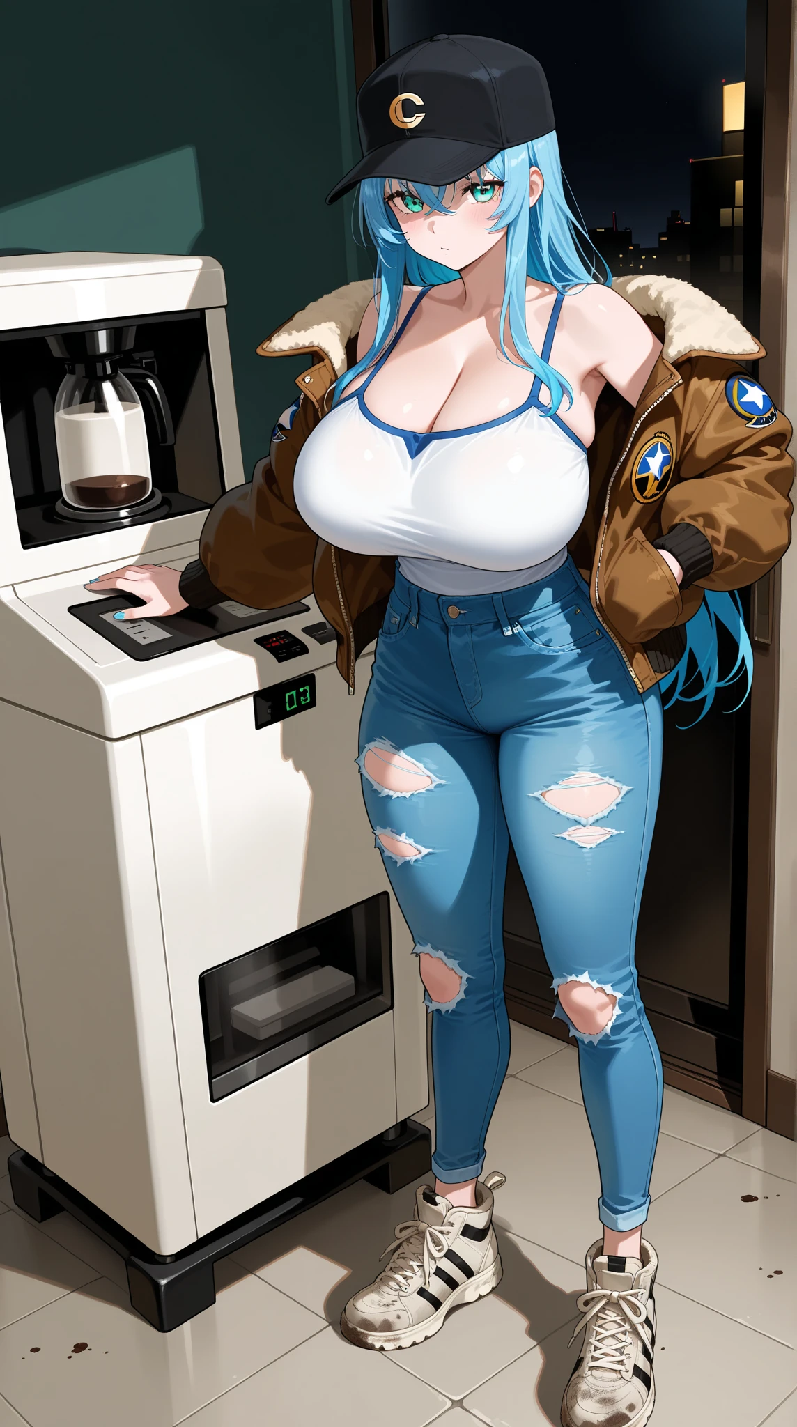 (Navy blue short jacket,jean jacket:1.4),long Brond Hair,By bangs,heart - shaped face,Elegant face,beauitful face,High detail face,Highly detailed skin,skin pore,sub surface scattering,(Blue eye details),realistic pupil,crisp breasts,A loving smile,looking at viewert,full blush,'s plump lips,holding a single coffee cup,at centre,coffee shop in background,the city street,Sunnyday, ventania, detailed back ground, depth of fields, atmosphric perspective, Volumetriclighting, Clear focus, absurd res, Realistic proportions, Good anatomy, (realisticlying, Hyper-realistic:1.4), 16k hdr,