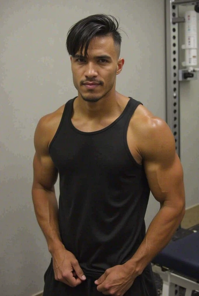 Portrait of a young man sitting on a couch, ((22 years old)), modern luxury apartment, (daylight through glass windows), tanned skin, ((latino)), casual clothing, (wearing, white tank top), (wearing black shorts), chic accesories, (short brown hair), muscular, fitness, ((high fade mohawk hairstyle)), ((beautiful big eyes)), (charismatic smile), sweet, realistic, accurate, (best quality, masterpiece: 1.2), ultra-detailed, professional, studio lighting, beautiful soft lights, ((modern rich city and buildings background)), model, handsome, ((big bulge)), prominent chiseled jawline, masterpiece, anatomically correct, textured skin, super detail, full body shot, high quality, 4K, 8k, highres, UHD.