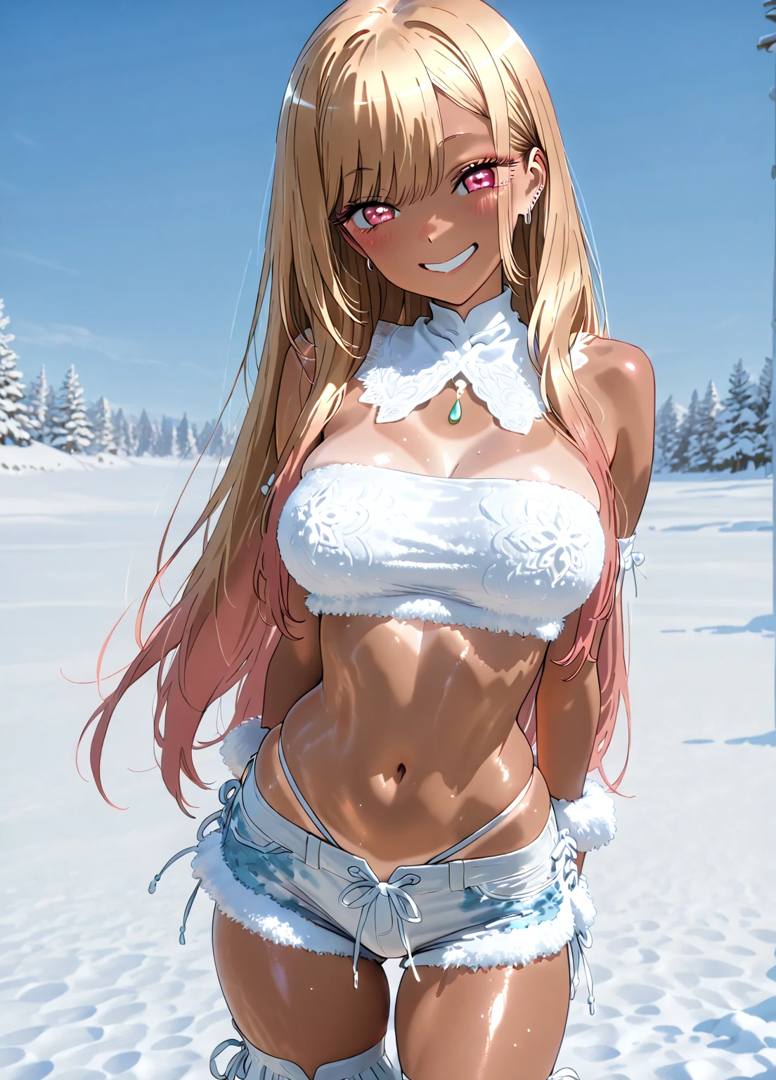 nsfw:1.6, Top quality, ultra high resolution, , (top quality, high resolution, 4K, detailed lighting, shaders, perfect anatomy, perfect proportions), eye of the beholder, (masterpiece, top quality) (top quality, 4K, 8K, high resolution, masterpiece: 1.2), highly detailed, (masterpiece: 1.3, top quality, ultra high resolution, ultra detailed), (top quality: 1.2), perfect eyes, perfect face, (top quality, 4K, 8K, high resolution, masterpiece: 1.2), highly detailed, (top quality, 4K, 8K, high resolution, masterpiece: 1.5), masterpiece, top quality, ultra detailed, top quality, high resolution, 32K CG, very delicate and beautiful, illustration, high resolution, sharp focus, very beautiful and detailed anime face, very detailed eyes, ((masterpiece)), ((best quality)), (super detailed), ((cute)), cute, ((very detailed)), 4K, (8K), best quality, (best quality, 8K, 32k, masterpiece, super high resolution, very detailed, impressionistic:1.2), blurred background, (two arms) , (two legs), (four fingers and 1 thumb) , only one belly button, Bare shoulders.
(Beautiful busty woman in her 20s: 1.1). (Profile: 0.4). (Looking this way: 0.8). (Snowy mountain: 1.7). (pink sky: 1.6). (White lace shirt: 1.7).(Topless: 1.6). (suspender1.4), (armpits:1.2),(Neatly trimmed blonde pubic hair: 1.4). (Beautiful blonde hair: 1.4). (Shiny long hair: 1.6). (sitting, one leg up:1.6),(White checked scarf: 1.5). (Necklace, bracelet, anklet: 1.4). (White fluffy snow boots:1.3). (Bangs swept to the side, showing forehead: 1.4). (Happy smile: 1.4). (Blushing: 1.1) (Dark skin: 1.6). (Perfect proportions: 1.6). (Small pink nipples: 1.3). (Large breasts and nipples not covered: 1.7). (Garter belt:1.7), (Full and beautiful breasts: 1.6). (Perky breasts: 1.5). (Thin waist: 1.2). (Slender figure: 1.2). (Beautiful cleavage: 1). (Realistic facial expression: 1.4). (Realistic background: 1.5). (pubic hair:1.6), (buttocks:1.1), (back view:1.2),(pleated skirt:1.4)