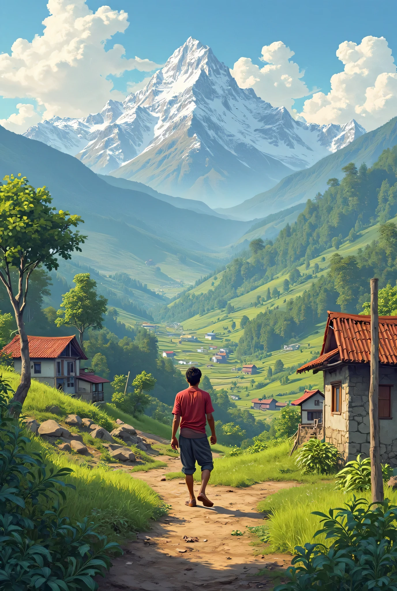 Create a kind of part of the Peruvian mountains with its mountains but that includes houses and a kind of path and if possible add a child with a bicycle passing by and in the background something like a school.