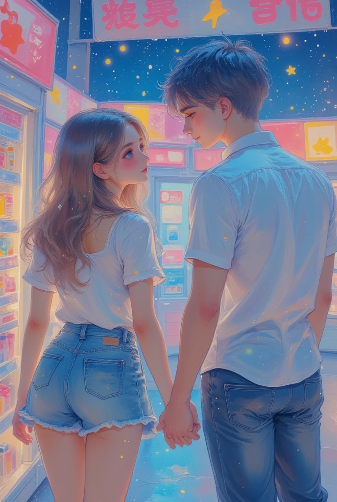 best quality, extremely detailed CG, HD, crisp quality, sharp focus, rich contrast, inside a convenience store late at night with the lights on, we see the backs of a couple looking at the shelves, holding hands and enjoying their time together, fun, smile, the color of happiness, various iridescent foggy glitter effect magic, (super detail, enhance, boost) effects, professional lighting effect magic
