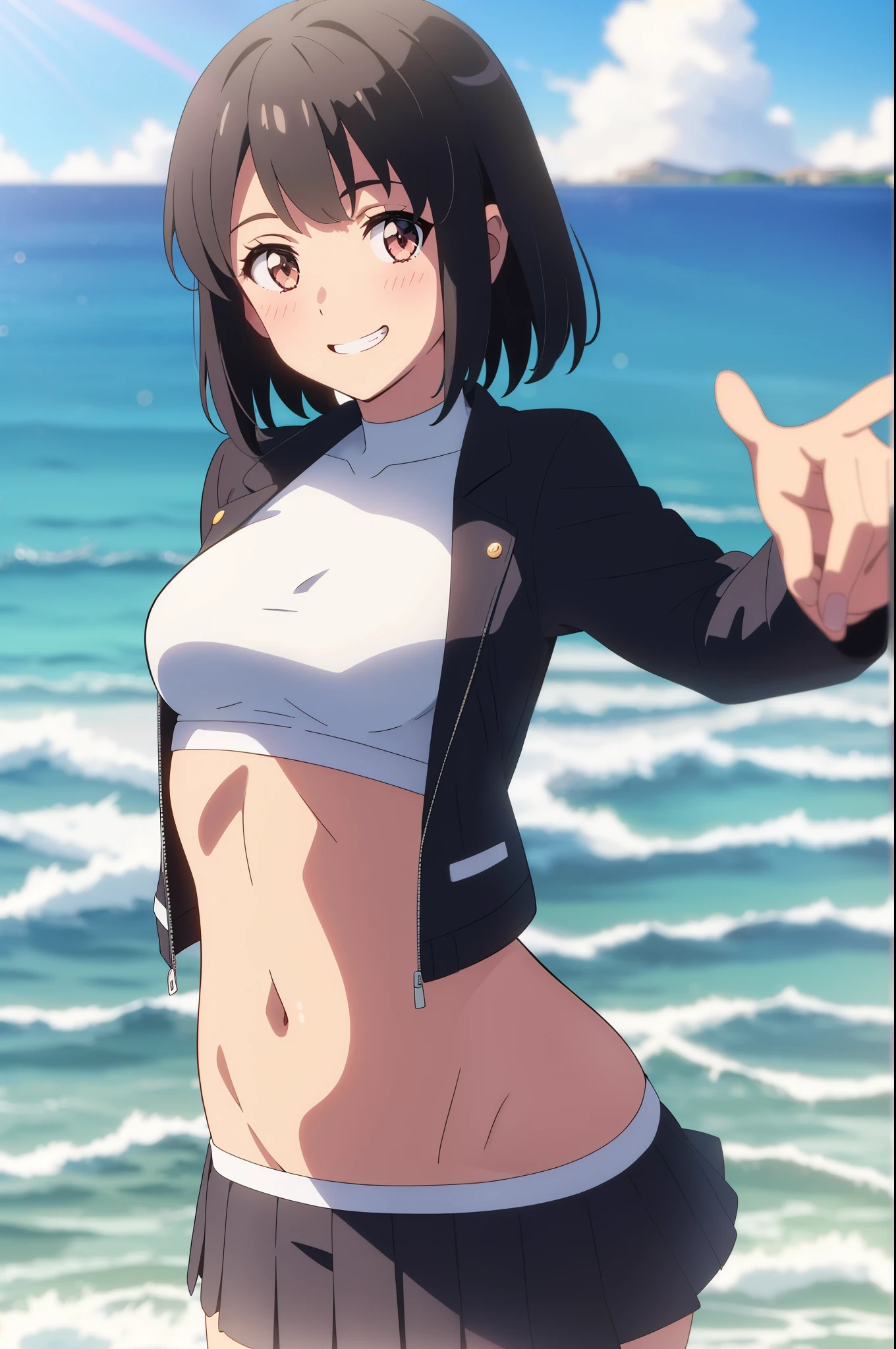 Cute hair clip for short black bob、Plain white shirt with big boobs、Pink nipples、Red jacket、A light blue mini skirt with cute white underwear showing when it is lifted、Sandals for bare feet、Beautiful sandy beach, cumulonimbus clouds and blue sky、