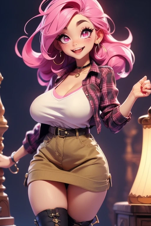 POV: ((((Super huge enormously gigantic breasts, cleavage showing)))) pink hair, school girl uniform and school girl skirt, lace panties, skinny, slim thick, small waist, 8k, UHD, (accentuated super huge enormously gigantic tits, sexy seductive slutty pose), school classroom background 