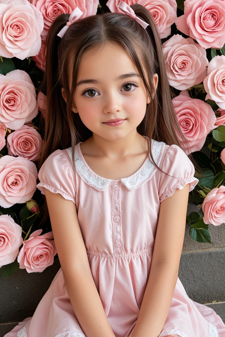 with soft light blonde hair, hairstyle with a half ponytail or loose with waves, blue eyes, pink cheeks and oval face, sweet and charming face, She is wearing a beige dress with white shoes with pastel pink flowers, She is Korean and she is 3 years old.
