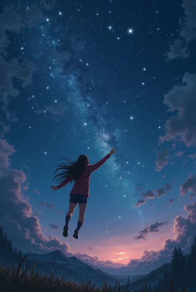 A masterpiece of the highest quality. Black-haired girl, with one foot on the sea water with only her toes, ripples spreading from her toes, the scene is about 10 meters away, above the sea, the horizon is visible, horizontal angle. At night, the whole scene sparkles. Stars are falling from the sky, there is a meteor shower. The sight is mysterious,