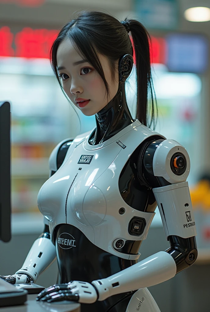 (highest quality, High resolution, masterpiece:1.2), Super detailed, realistic:1.37, (perfect anatomy),1 girl, actress, cowboy shot, cute and beautiful japanese girl&#39;body of,super cute face, (Modified into a cyber robot),standing posture,laughter,beautiful eyes,beautiful skin,,(Futuristic and cute white and light blue satin cyber robot suit), attractive idol makeup,tied black hair，cute pose,The background is the interior of the cyborg operating room and the monitor screen...