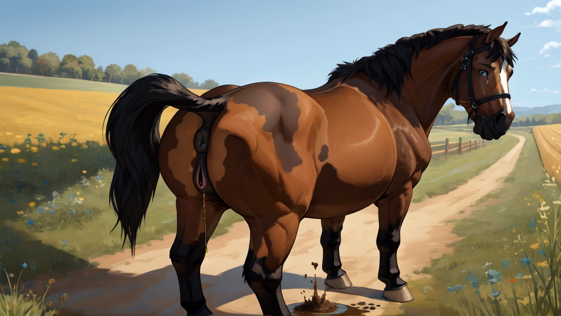 Feral horse, horse pussy, orgasm expression, standing, butt