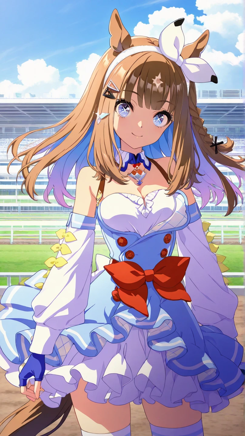 A smiling girl Satono Diamond, Anime Uma Musume,( She has Chestnut hair and Chestnut horse ears on her head) .(white diamond-shaped white hair on her forehead1.5).with perfect features standing in a racetrack surrounded by a large number of spectators, with a blizzard of flowers flowing around her, (best quality,4k,8k,highres,masterpiece:1.2),ultra-detailed,studio lighting,ultra-fine painting,sharp focus,physically-based rendering,extreme detail description,professional,vivid colors,bokeh,portrait