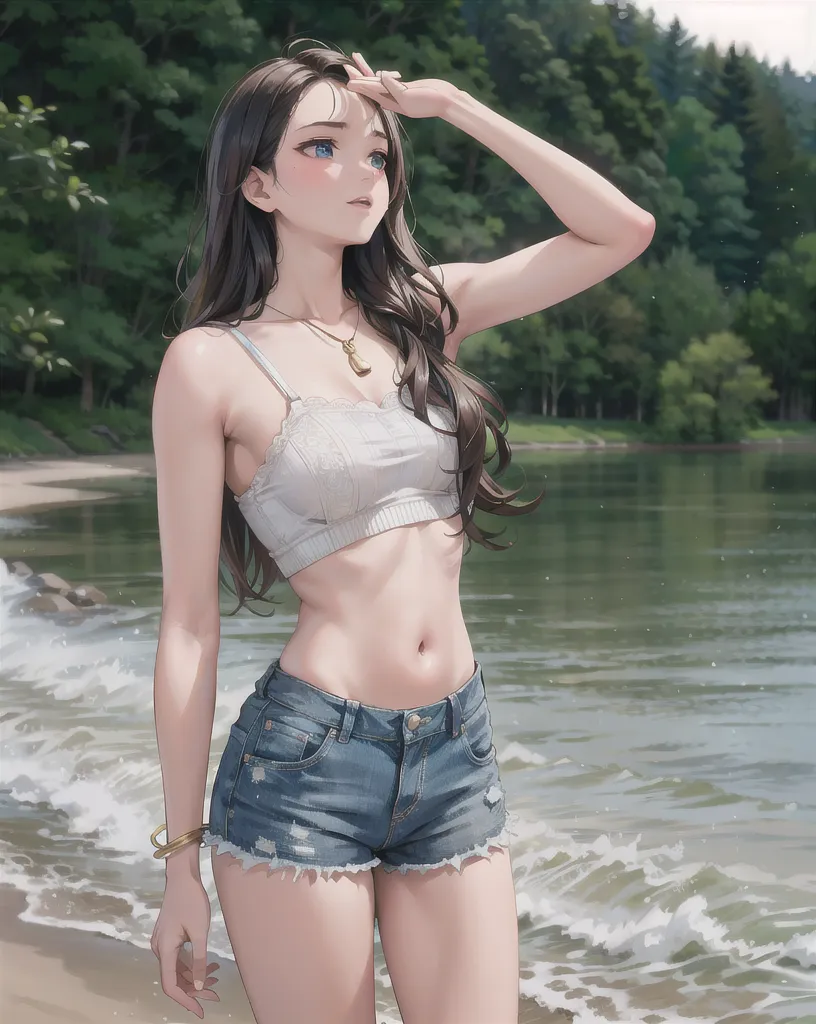 16 years old , Finnish, Black Hair、Long Hair, big breasts, Big eyes, Long legs, Thigh close-up, Little Green Bikini, Cleavage, Blue Denim Shorts, Heeled Sandals, Park Background, Crossing the Lake Forest Bridge, wood, Cherry Blossom, sunrise, light through fabric, (Realistic, photoRealistic: 1.37), reflection of mirror, Ray Tracing, High resolution、Second dimension beautiful girl、Look forward、sexy look、smile、perfect ratio、Big Breasts、Slender figure