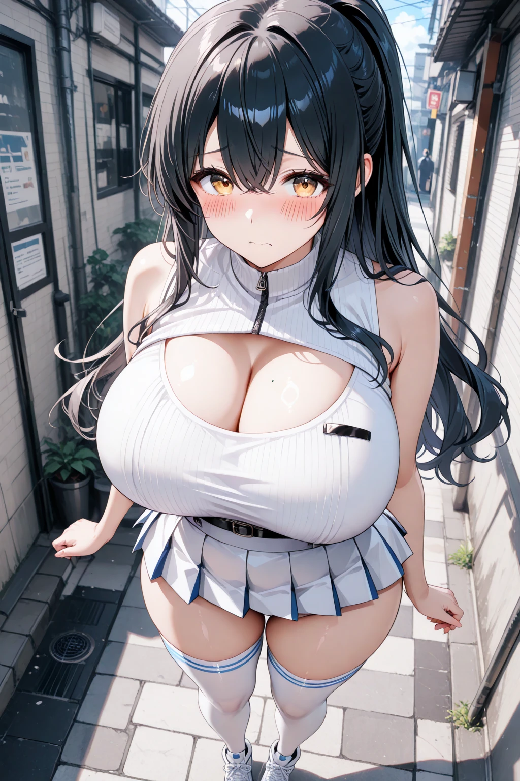 ((best quality)), ((masterpiece)), (detailed), 1girl, sexy, nude
gigantic breasts, black hair, white strapless bra and panties, embarrassed, in street