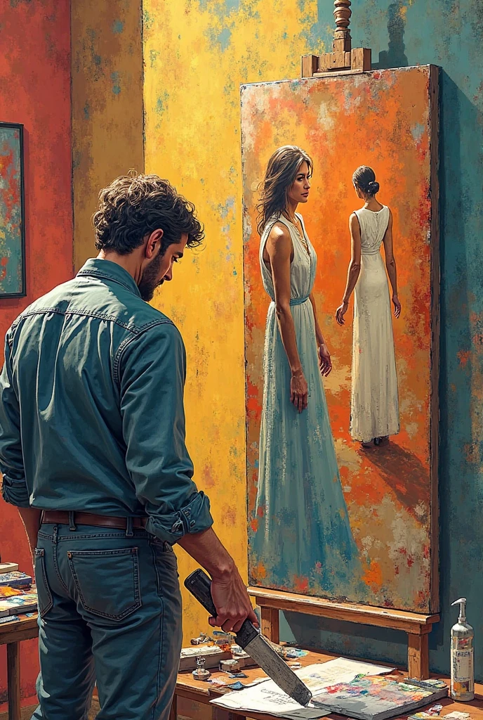 An Illustrated poster of a shortfilm name Painting Number 24
A shirtless 3 slim
indian guy in a dirty painting studio making a painting of a girl in purple dress standing infront of mirror holding a telepohone in hand