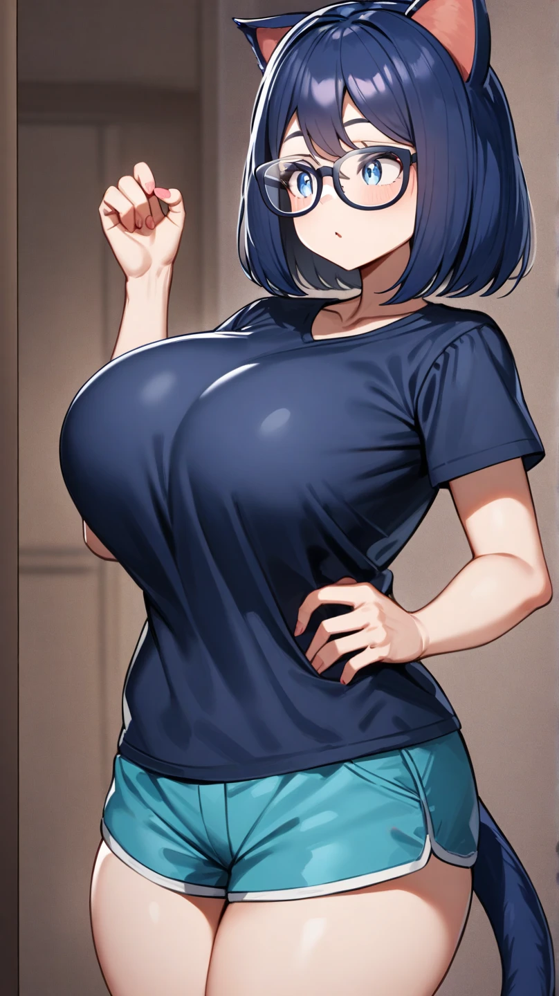 (beautiful detailed eyes, beautiful detailed hair, perfect detailed body), mikictr, 1girl, solo, black eyes, short hair, closed mouth, lipstick, blush, sagging large breasts, crop top, no bra, midriff, navel, upper body:1.5, standing, belt, blue short shorts, simple background