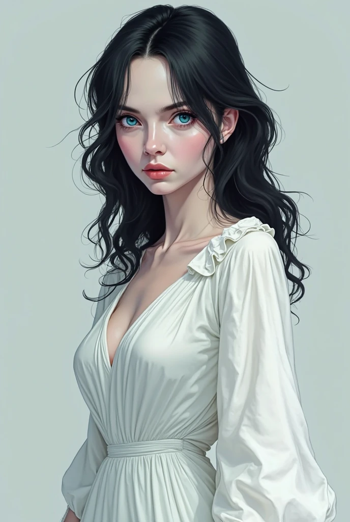 Her black hair, posh, wavy, sexy for, Large breasts, Gracefully landed on her shoulders，Gently flowing across her face, Give it a touch of charm, 8K, ultra - detailed, pretty eyes, Fashion illustration