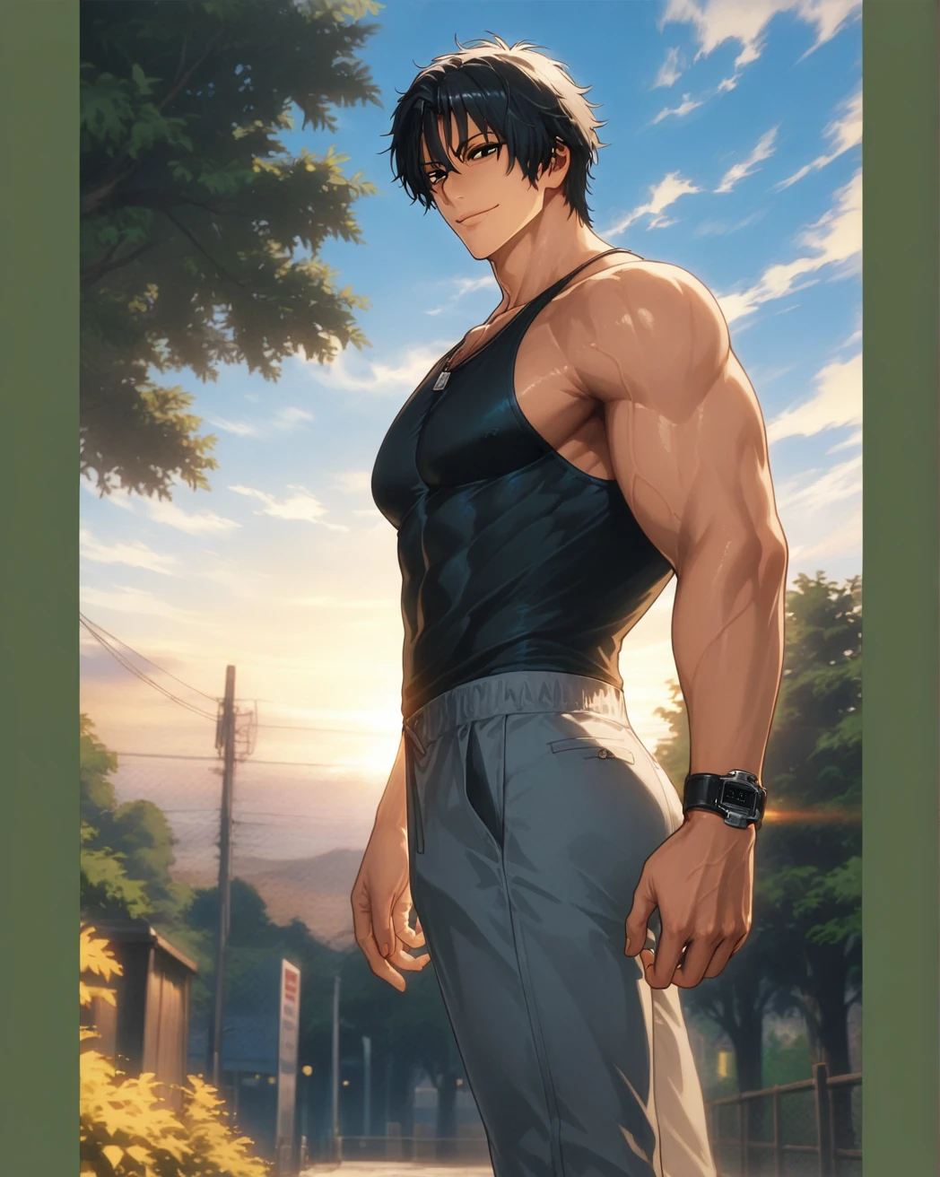 handsome boy, muscular and the background is abandoned building