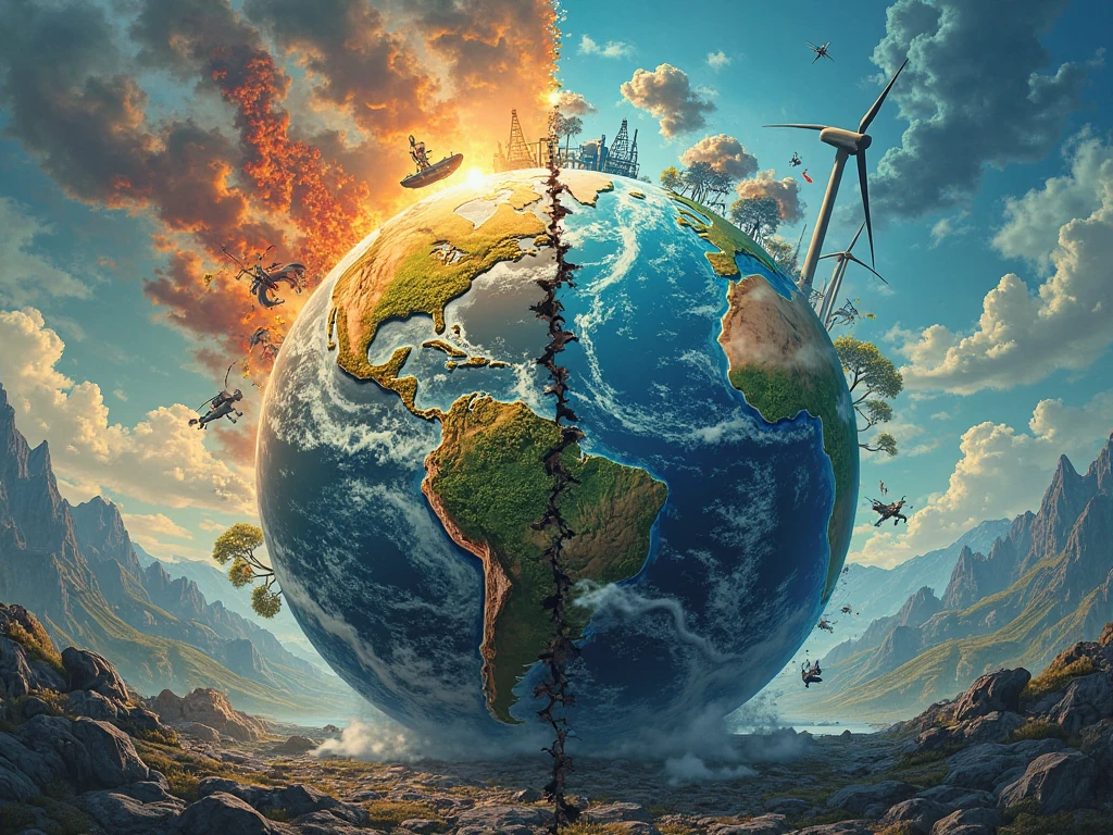Planet Earth with a polluted vertical half