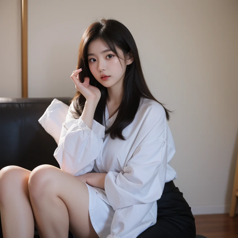 there is a woman sitting in a chair in a room, korean girl, sitting in a lounge, gorgeous young korean woman, beautiful south korean woman, taken in 2 0 2 0, 8k)), sakimichan, korean woman, gorgeous lady, ulzzang, black outfit, wearing in black clothes, with long hair, bbwchan, wearing black clothes
