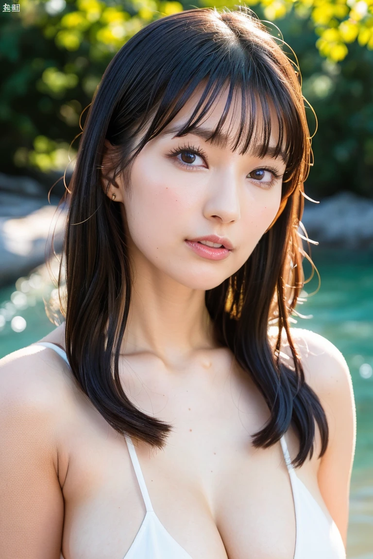 (4K,8K,Masterpiece,Realistic),(Highest quality)、(Super Resolution:1.3)、Real、(Japanese:1.3)、 RAW Photos、(Realistic:1.2)、looking at the camera、Symmetrical face、(Beautiful face in every detail:1.2)、Good looking、Overflowing with intelligence、20-year-old、Japaneseアイドル、Beautiful black eyes、Natural Makeup、(Medium chest、Cleavage)、Beauty Caster、(nude、topless、Accurate乳首)、((sitting cross-legged、Showing off your crotch、Accurateおまんこ))、Raise one arm、Open-air bath、Outdoor、Bold Pose、Lewd、Accurate5Finger