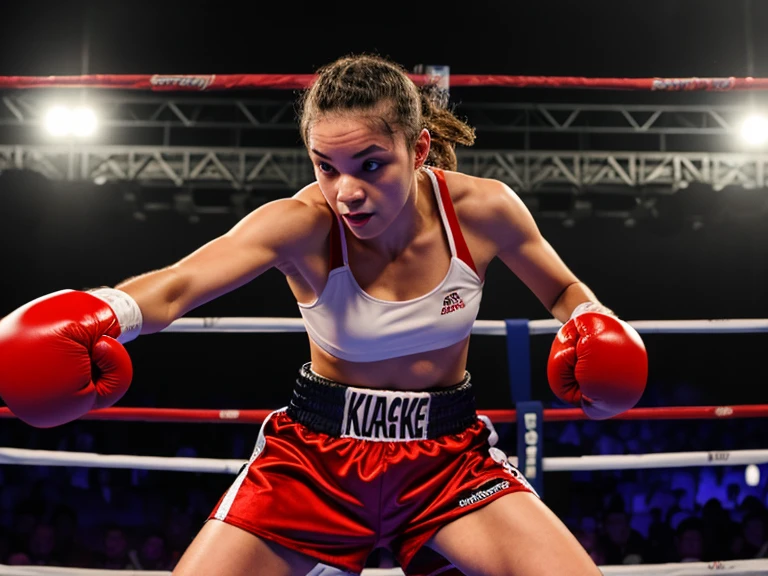 Imagem de duas jovens lindas de 18 anos lutando boxe entre si, bravas, nervosa, bad girl, petit teen, seios grandes, usam blusa top, decote ousado e sexy, Serious, malvada, brava, irritada, cara de mau, branca, beautiful Brazilian and the other Asian, in fighting position, boxing gloves on hands, hands at chin height, They're jumping in the air and their arms are up in celebration, bunda grande perfeita, coxas grossas e fortes, with beautiful braided and combed hair, olhos verdes brilhantes, eyes as green as possible, they stick their tongue out of their mouth, they have their mouths open, elas gritam, elas usam botas de salto alto, usando top curta e short preto colado no corpo, em sala fechada, Parede com ladrilhos de metal preto, (discoteca lotada e escura, luz escura e mal-humorada: 1.2), (foto de corpo inteiro), imagem detalhada, as realistic as possible, obra de arte.