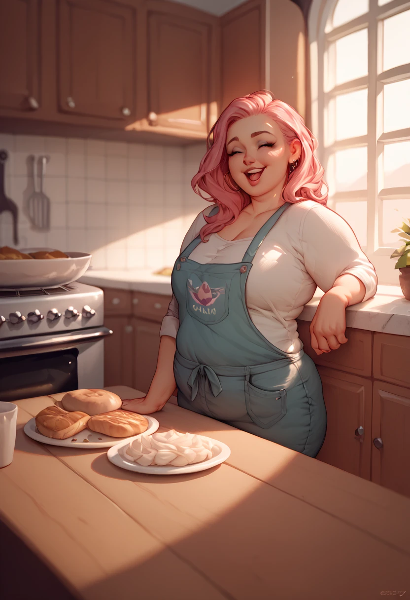 Chubby, thicc, beautiful face, ruby red hair, red eyes, ruby red lips, large chest, chubby, thicc waist, thicc thighs, red apron, white shirt, (bakery shop background), (moonlight night)